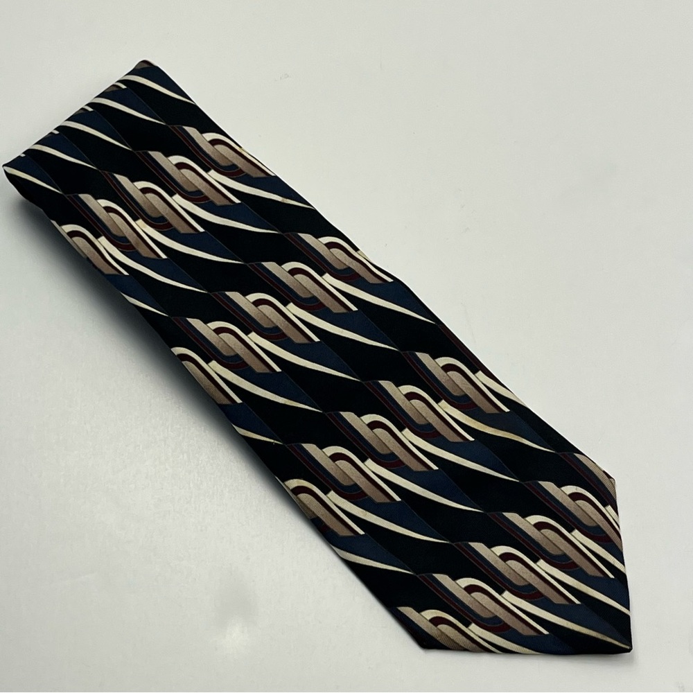 Oscar de la Renta Black Blue Tan Patterned Mens 100% Silk Neck Tie *FLAWED